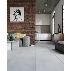 Jasny pokój z szarymi płytkami podłogowymi t.b.t. Salon i kuchnia.