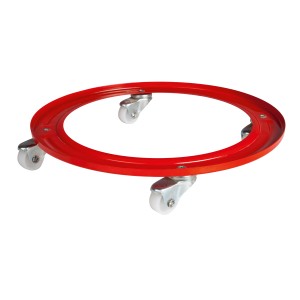 Czerwony wózek do butli gazowych OBI z kółkami i hamulcami dla łatwego transportu.