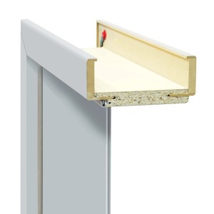 Szczegółowy widok białej ościeżnicy drzwiowej, pokazujący konstrukcję i materiał.