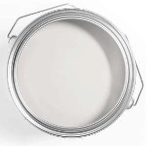 Otwarte wiadro z jasną farbą do ścian, widok z góry.