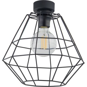 Czarna lampa sufitowa t.b.t. z geometrycznym kloszem drucianym i żarówką.
