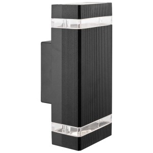 Czarny kinkiet zewnętrzny t.b.t. z przezroczystymi akcentami na elewację.