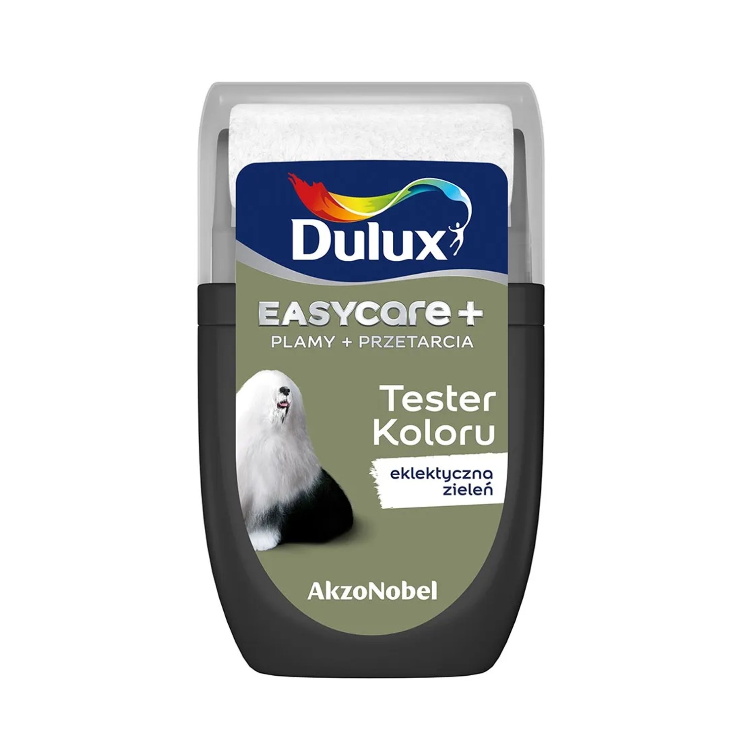 Dulux Easycare tester koloru "eklektyczna zieleń" do farb ściennych.