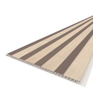 Panel ścienny t.b.t. z efektem drewna, w paski beżowe i brązowe.