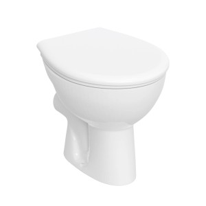 Białe kompaktowe WC t.b.t. z zamkniętym kołnierzem i deską sedesową.