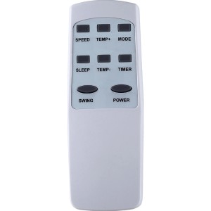 Pilot do klimatyzacji z przyciskami do regulacji prędkości, temperatury, trybu, snu, timera, swing i zasilania.