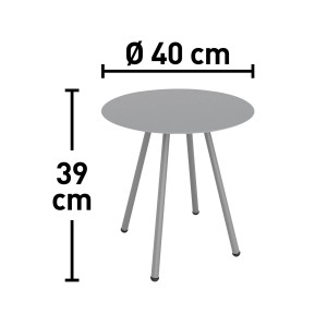Szary, okrągły stół ogrodowy (Ø 40 cm, wysokość 39 cm) z trzema nogami.
