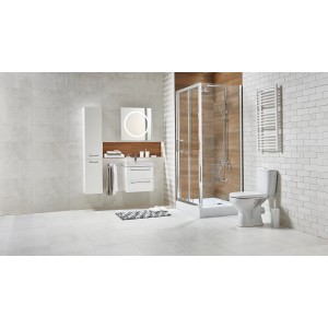 Nowoczesny zestaw mebli łazienkowych z umywalką, szafką z lustrem, prysznicem i WC.