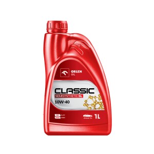 Czerwona butelka oleju silnikowego Orlen Classic 10W-40, półsyntetyczny, 1 litr.