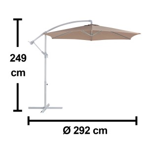Beżowy parasol na wysięgniku t.b.t. o wymiarach: wysokość 249 cm, średnica 292 cm.
