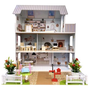 Szczegółowy widok trzypiętrowego domku dla lalek z ogrodem i meblami, kategoria: Gry i zabawki.