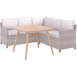 Szary zestaw mebli ogrodowych z narożną ławką i drewnianym stołem. Idealny na taras i do ogrodu.