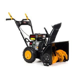 Czarny odśnieżarka spalinowa t.b.t. z żółtymi akcentami.