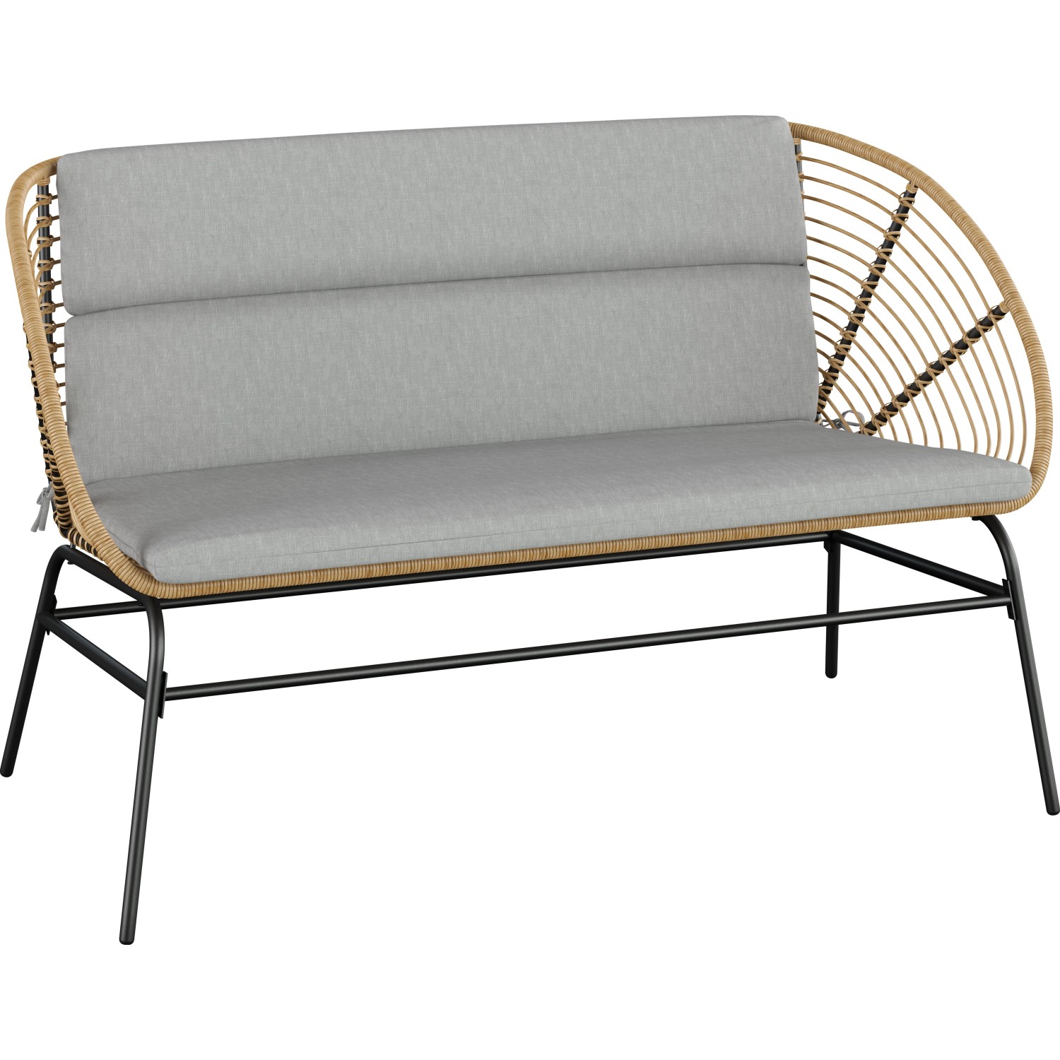 Rattanowa sofa lounge Costilla z jasnoszarymi poduszkami, część 4-częściowego zestawu lounge ze stołem jadalnym.