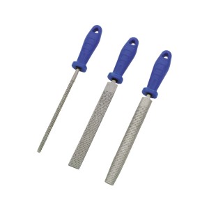 Zestaw pilników LUX, 3-częściowy, 200 mm, Classic: Pilnik płaski, okrągły i półokrągły z niebieską rączką.