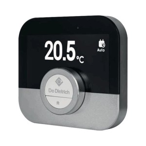 Cyfrowy termostat pokojowy De Dietrich Smart TC AD311, czarno-srebrny, z wyświetlaczem temperatury i pokrętłem.