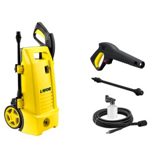 Żółta myjka ciśnieniowa z akcesoriami, takimi jak pistolet, lanca i butelka na detergent.