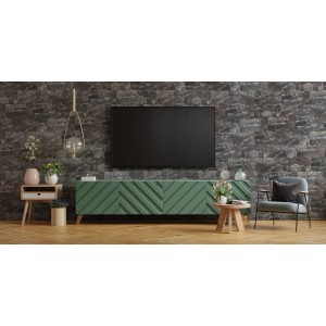 Salon z telewizorem na ścianie z szarych kamieni dekoracyjnych. Dekoracje i meble w pokoju.