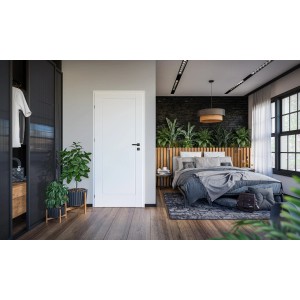 Białe drzwi wewnętrzne t.b.t. o prostym designie w nowoczesnej sypialni.