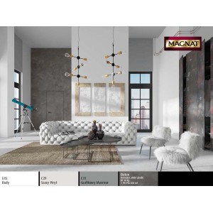 Salon z farbami ściennymi t.b.t. w odcieniach szarości i bieli. Nowoczesne wnętrze z sofą i lampami.