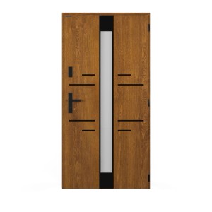 Nowoczesne drzwi zewnętrzne w kolorze drewna z szybą i czarnymi akcentami.