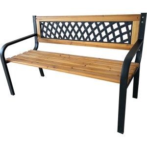 Drewniana ławka ogrodowa z czarną metalową ramą i oparciem z kratką.