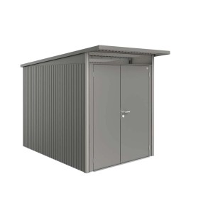 Metalowy domek ogrodowy Biohort AvantGarde A3, kwarcowy szary metalik, z wąskimi drzwiami dwuskrzydłowymi.