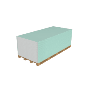 Stos zielonych płyt gipsowo-kartonowych na drewnianej palecie.