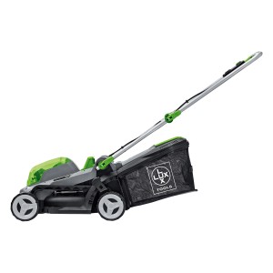 Zestaw kosiarki akumulatorowej LUX 40V z 2 akumulatorami, szerokością koszenia 33 cm i koszem.