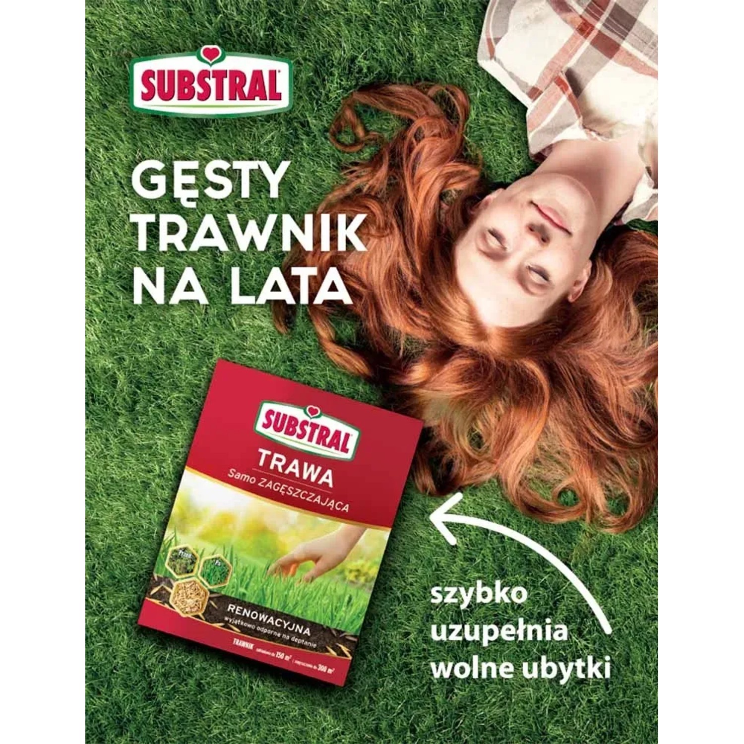 Opakowanie nasion trawy Substral na trawniku z kobietą. Gęsty trawnik na lata.
