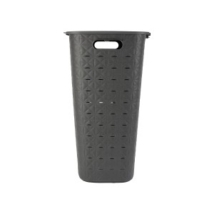 Szary kosz na pranie z pokrywką i wzorem do łazienki lub pralni.