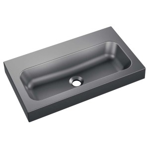 Prostokątna umywalka nablatowa t.b.t. w kolorze szarym.