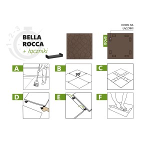 Instrukcja układania płyt tarasowych Bella Rocca ze złączkami, zilustrowana w 6 krokach.