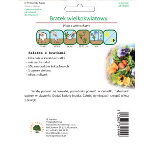 Opakowanie nasion bratka wielkokwiatowego (Viola x wittrockiana) z instrukcją siewu i przepisem na sałatkę.