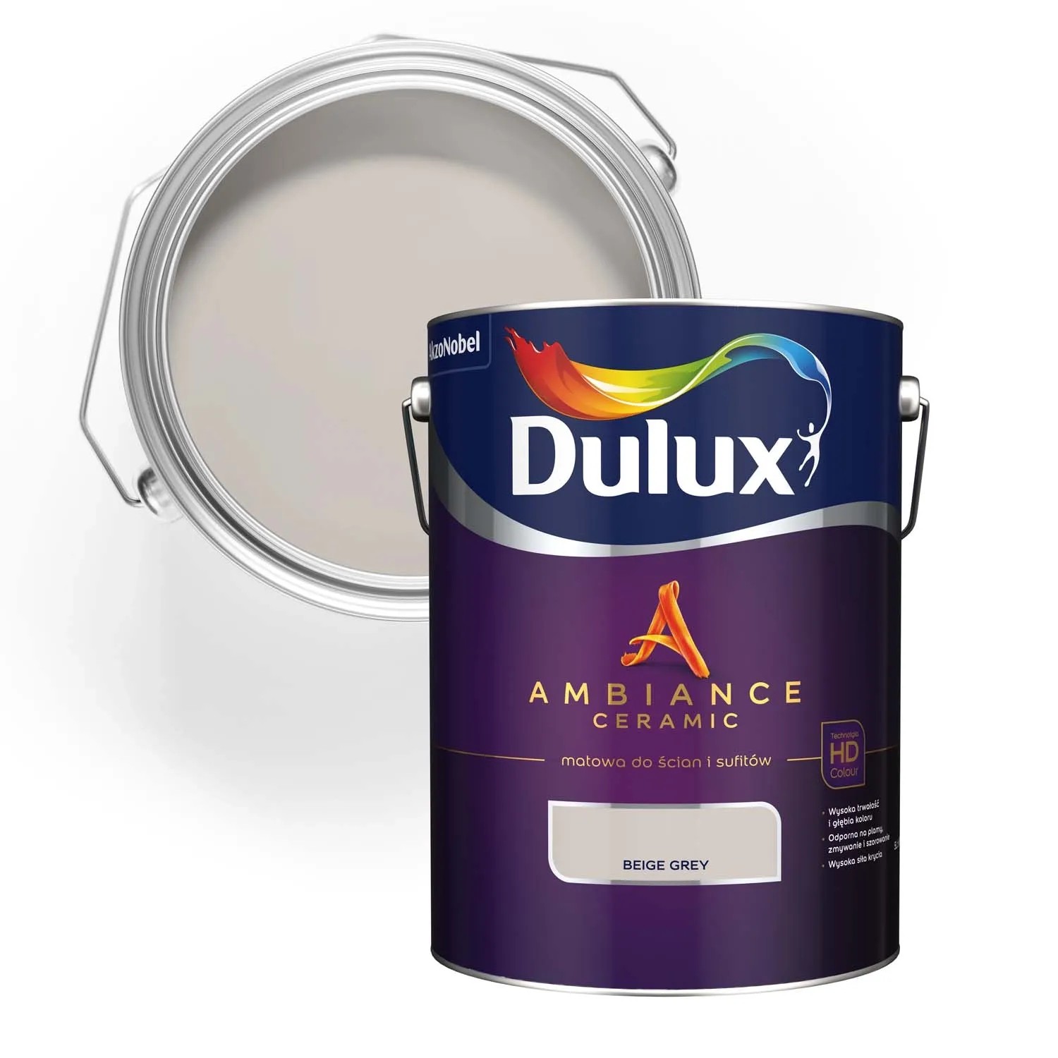Dulux Ambiance Ceramic farba do ścian w kolorze Beige Grey, otwarte wiadro z farbą.
