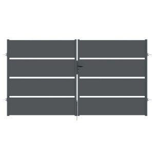 Szara metalowa brama ogrodzeniowa t.b.t. do ogrodu, zamknięta.