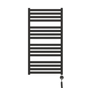 Czarny grzejnik t.b.t. z poziomymi rurami grzewczymi do łazienki.