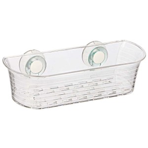 Przezroczysty organizer łazienkowy z przyssawkami do montażu na ścianie.