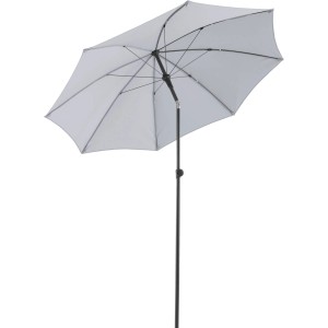 Szary parasol balkonowy z czarną ramą.