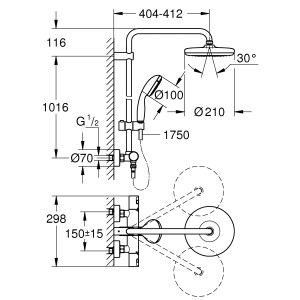 Rysunek techniczny: System prysznicowy Grohe Vitalio Start 210 z wymiarami i detalami.