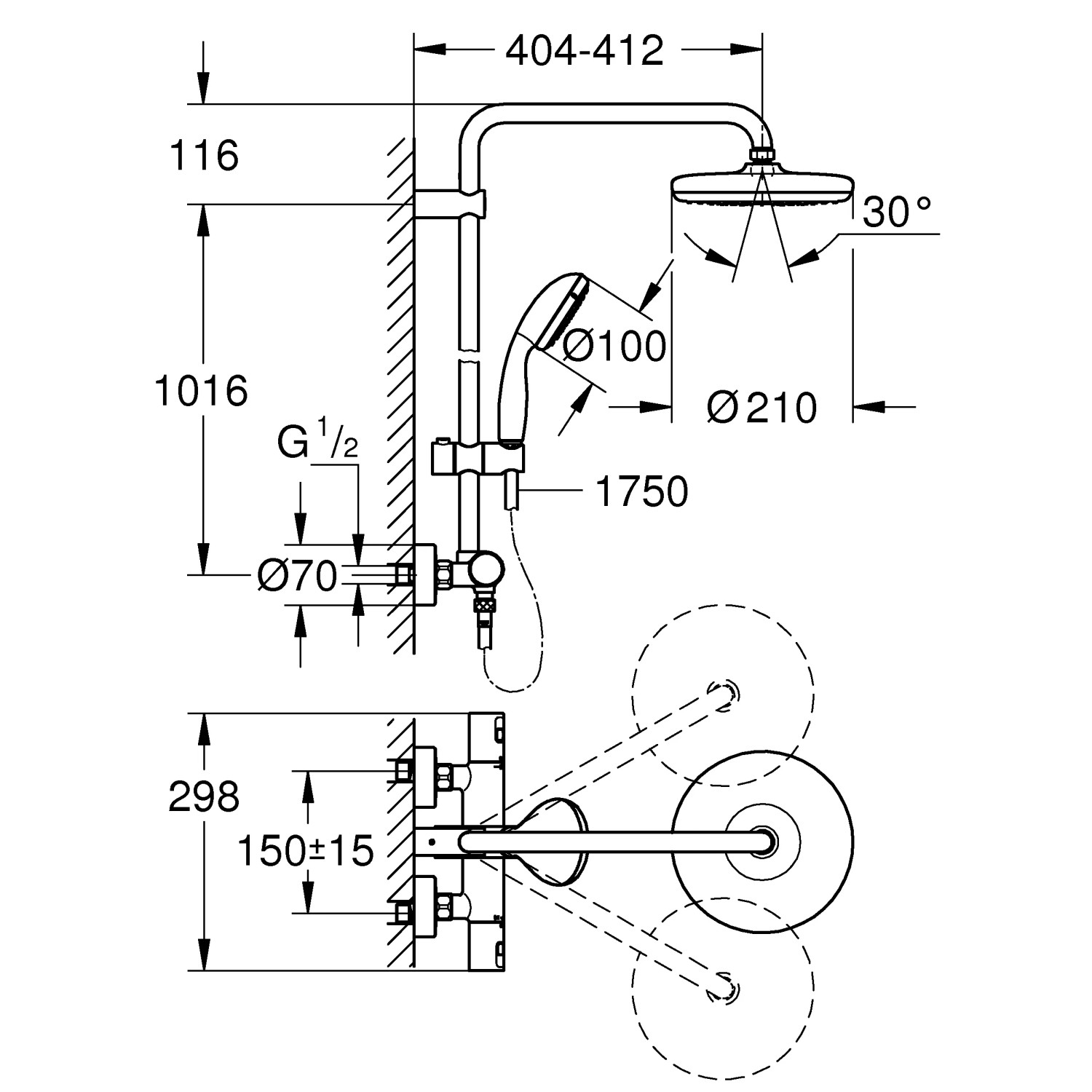 Rysunek techniczny: System prysznicowy Grohe Vitalio Start 210 z wymiarami i detalami.