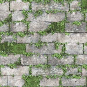 t.b.t. Tapeta dekoracyjna z motywem kamiennego muru i roślin.