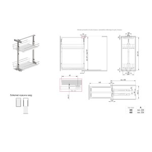 Rysunek techniczny: System przechowywania w kuchni z wymiarami.