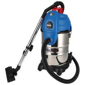 Odkurzacz do czyszczenia na mokro i na sucho t.b.t. z niebieską górą i pojemnikiem ze stali nierdzewnej.