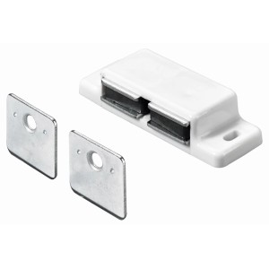 Biały łącznik meblowy t.b.t. z dwiema metalowymi płytkami do montażu.