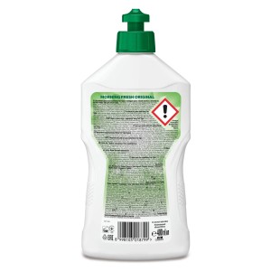 Tył białej butelki płynu do naczyń z zieloną zakrętką i etykietą ze składnikami.