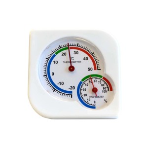 Biały termometr i higrometr do pomiaru temperatury i wilgotności.