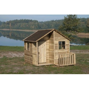 Drewniany domek do zabawy z małym gankiem, naturalne wykończenie, przed jeziorem i lasem