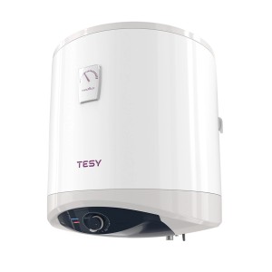 Biały bojler TESY z regulacją temperatury i elementami obsługi.