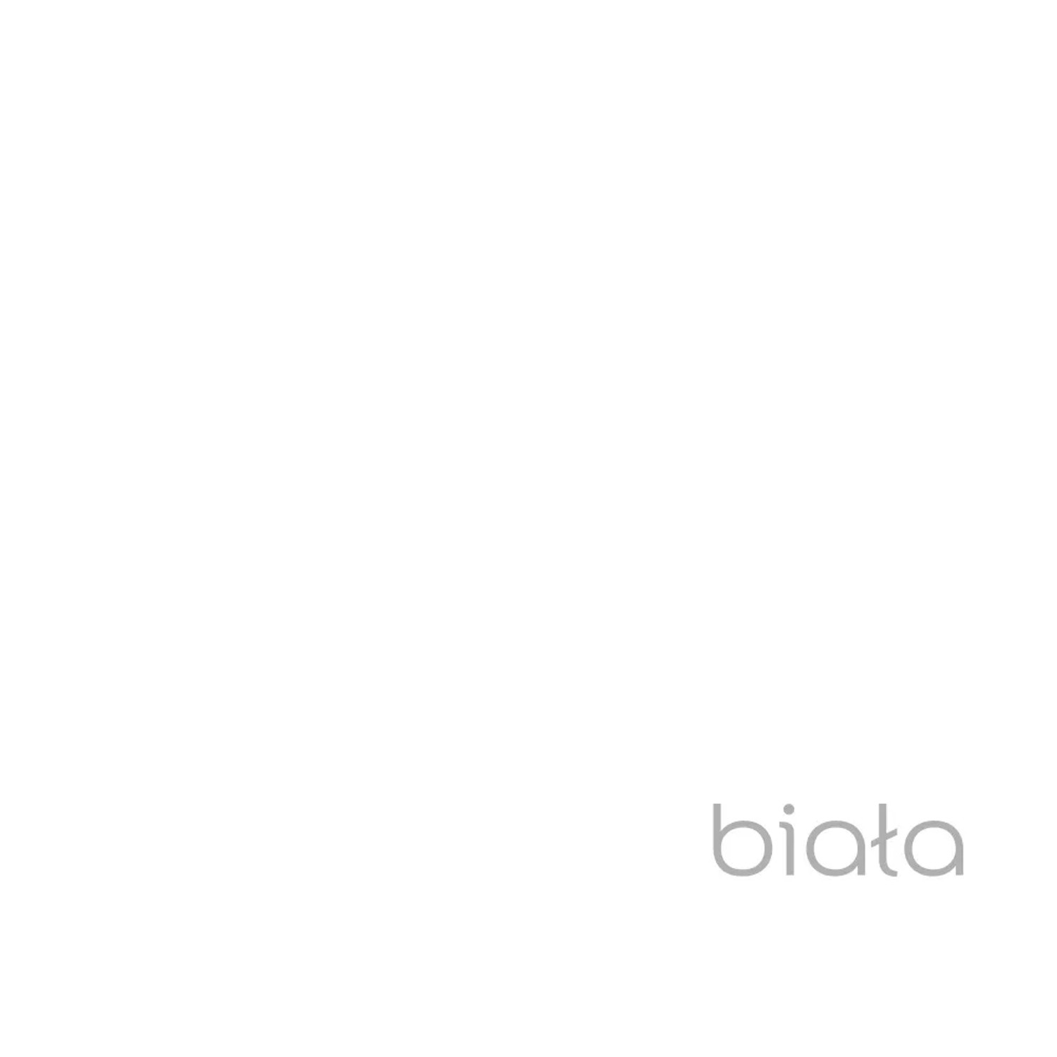 Białe tło ze słowem „biała” w jasnoszarej czcionce. Kolorowa farba do ścian.